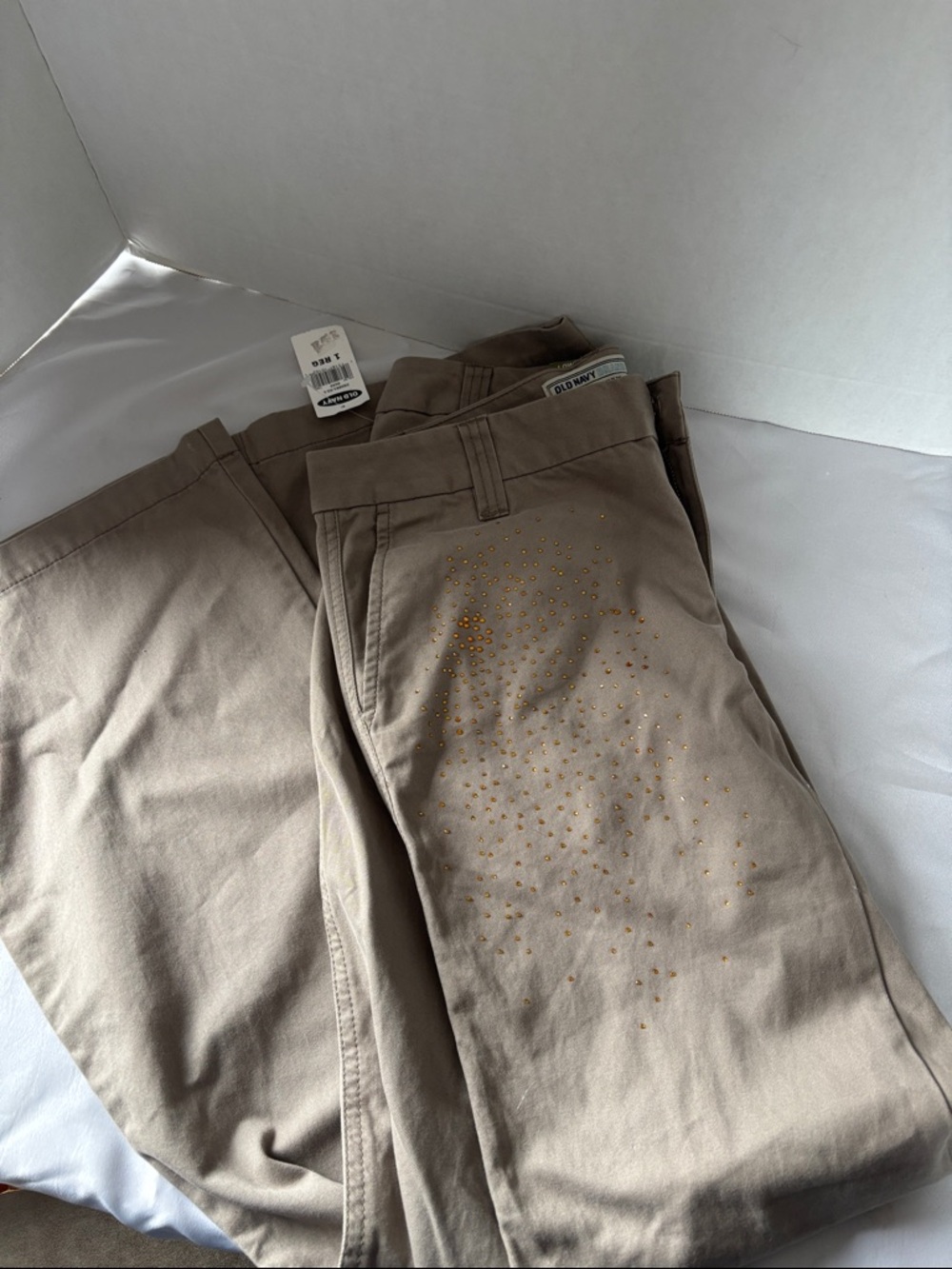 Old Navy Tan Chino Pants with Gold Stud Accents